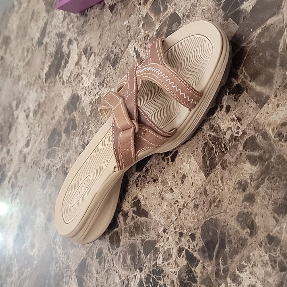 Lands' End Women's Biege Comfort Flat Open Toe Slip on Slide Sandals Siz…